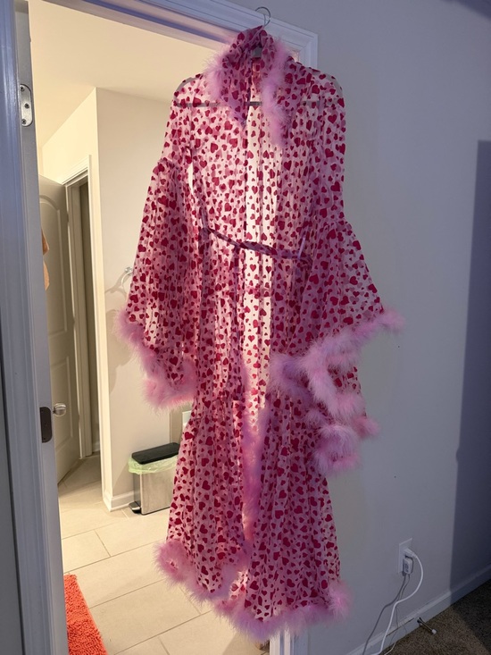 Dolls Kill Other - Pink Heart Print Feather Trim Robe